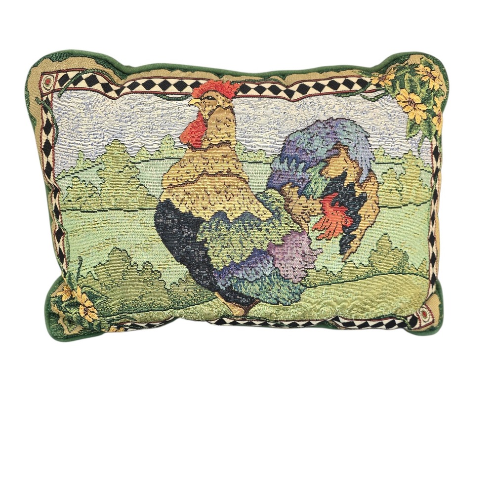 Vintage Rooster Woven Tapestry Throw Pillow Farmhouse Country Decor Green 12x8.5